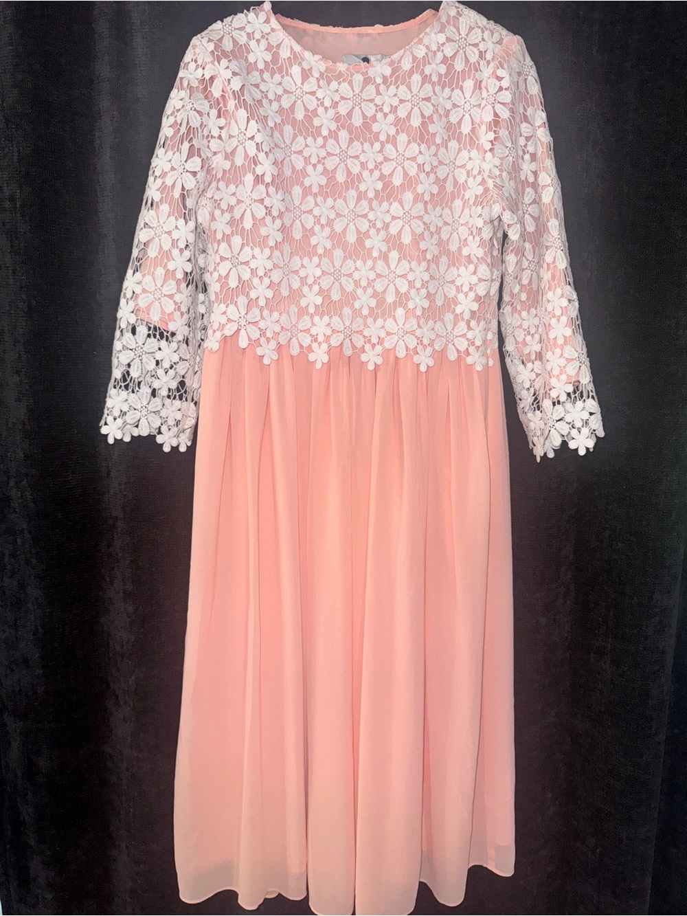 Dainty Jewells Pink Chiffon Midi Dress with White Floral Lace Bodice